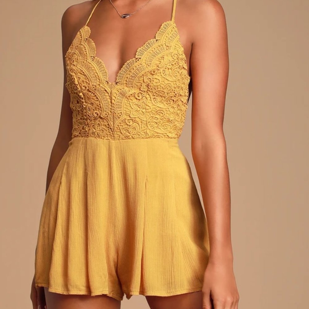 Star Spangled Mustard Yellow Backless Lace Romper- Lulus XXS